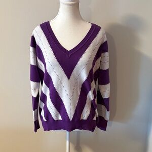 NWOT Miss Look Purple and White V-Neck Women's Long Sleeve Sweater. Size Medium